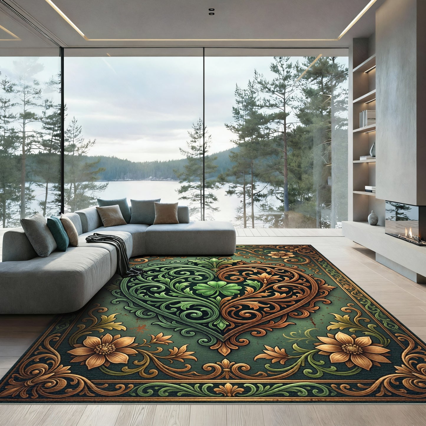 Ornate Emerald and Gold Clover Heart Rug