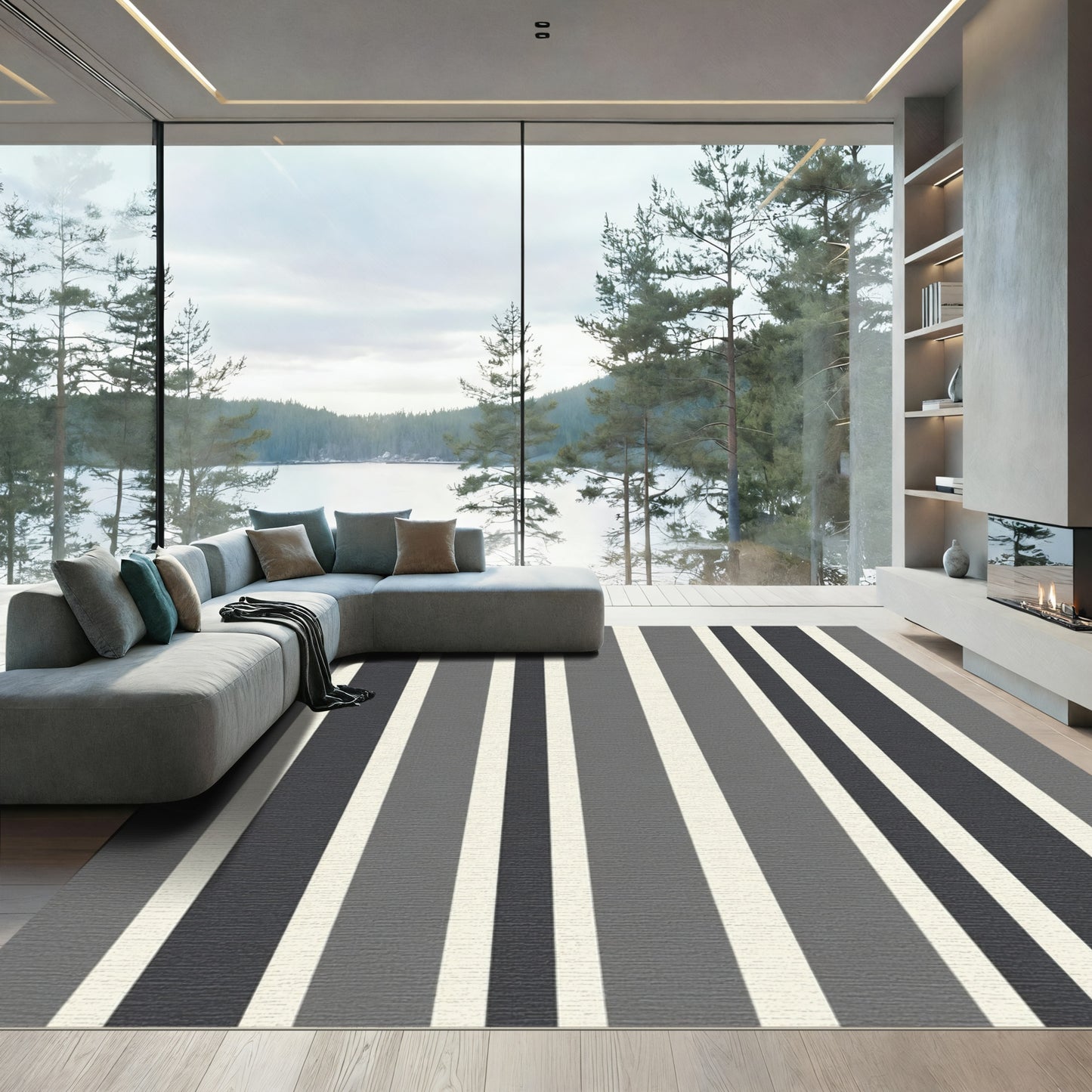 Gray Cream Vertical Stripe Rug