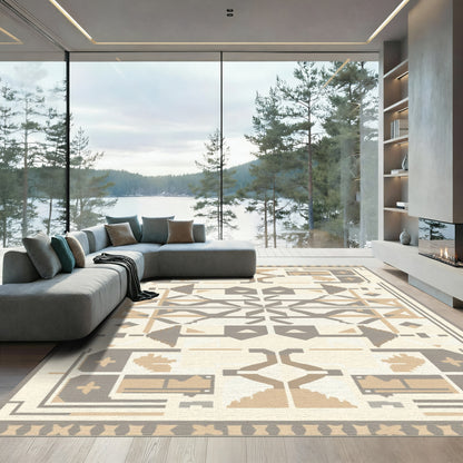Neutral Tan Geometric Tribal Abstract Rug
