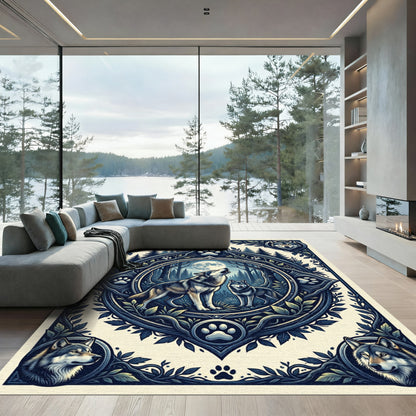Midnight Forest Wolf Moon Illustration Rug