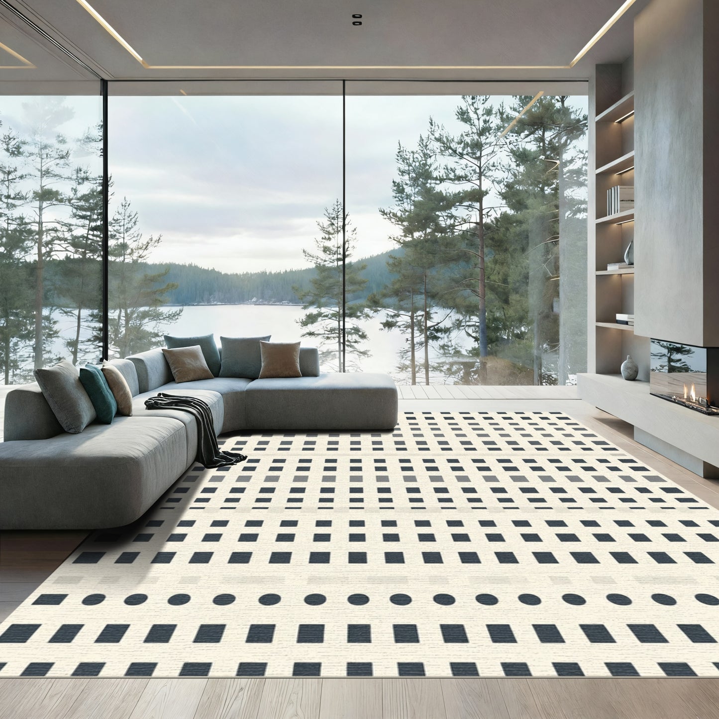 Neutral Grayscale Pixelated Grid Rug