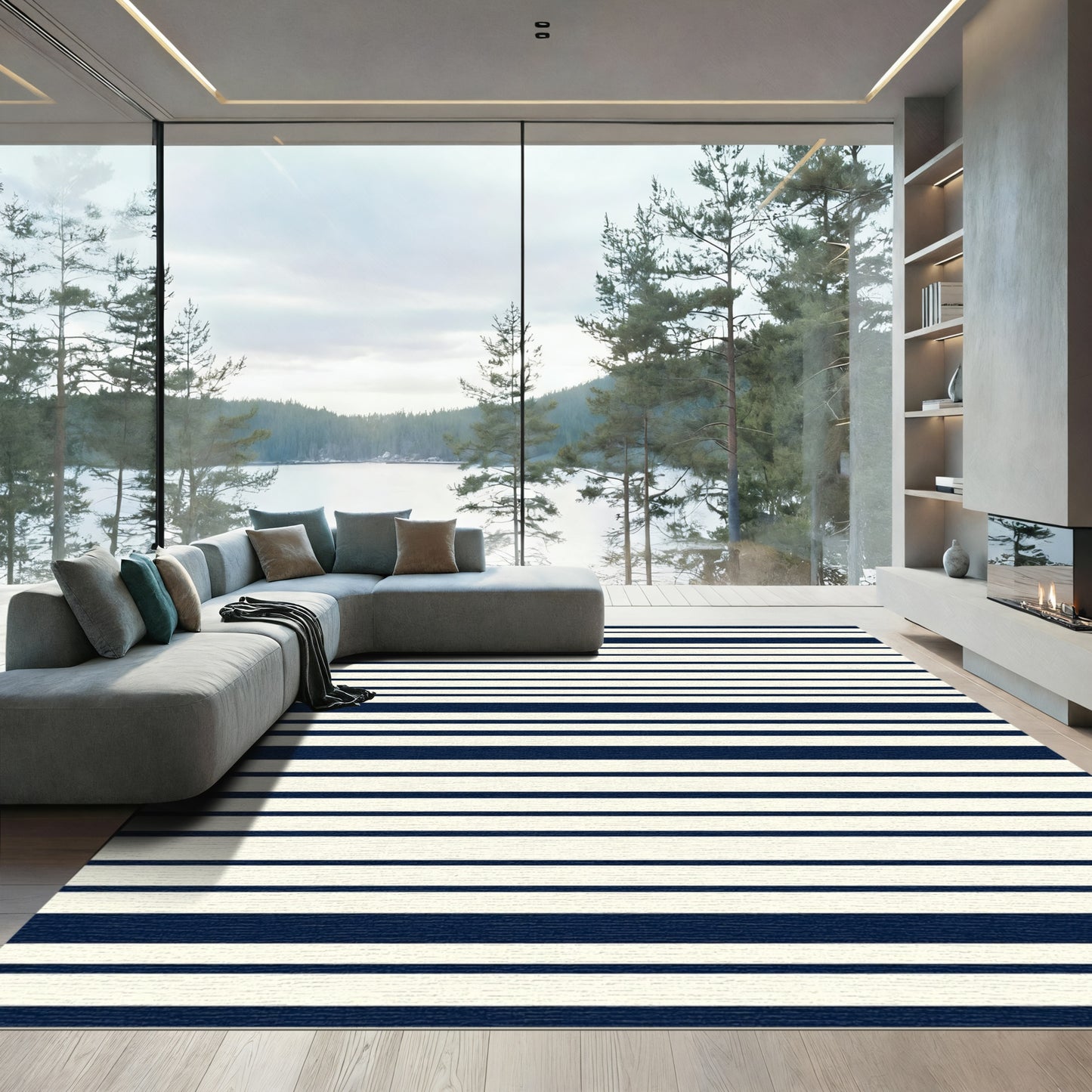 Classic Navy Cream Horizontal Stripe Rug
