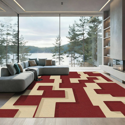 Crimson Beige Abstract Interlocking Shapes Rug