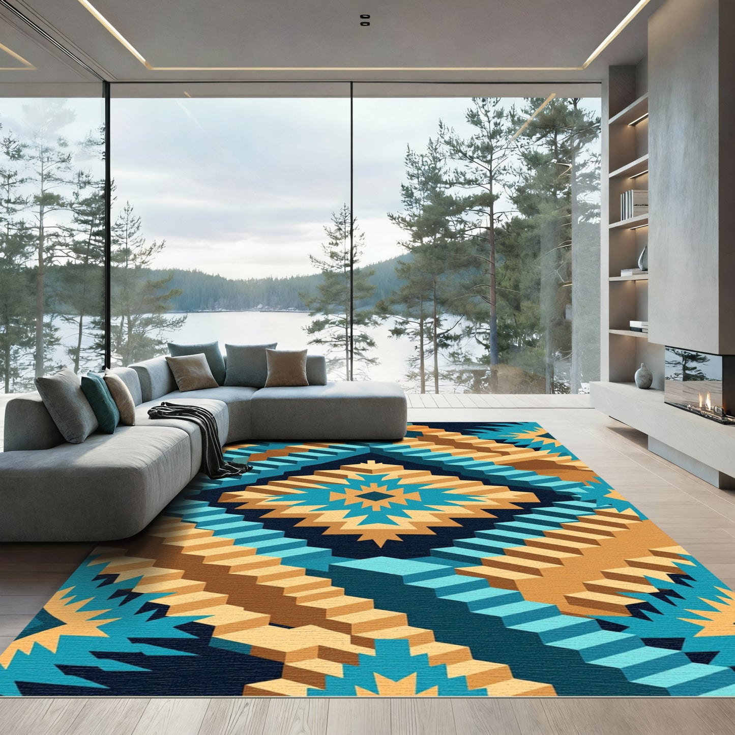 Isometric Teal and Gold Geo Staircase Rug
