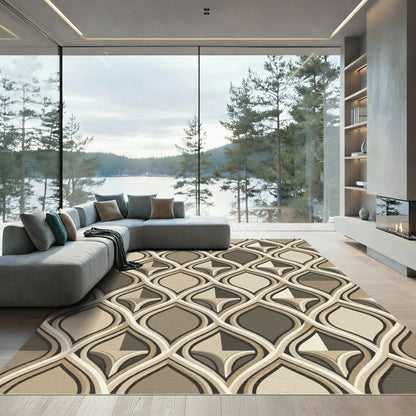 Midcentury Neutral Interlocking Wave Geometric Rug