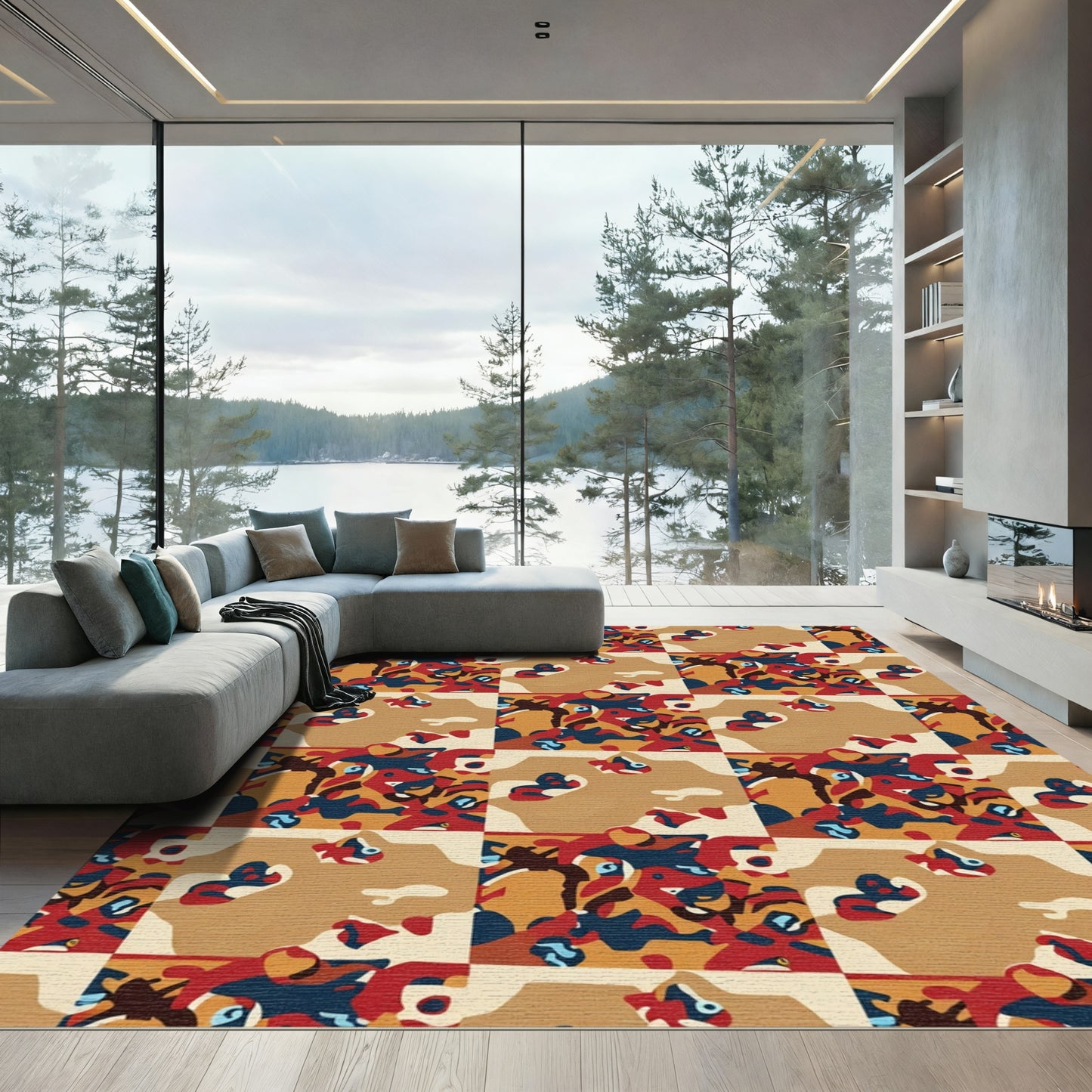 Abstract Ochre Red Blue Camo Rug