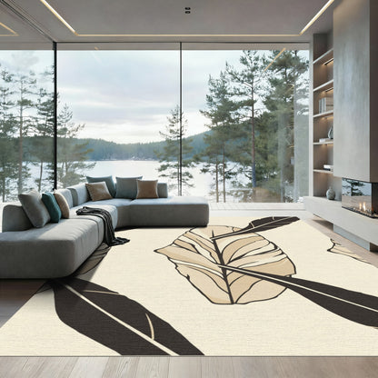 Cream and Black Leaf Pattern Rug