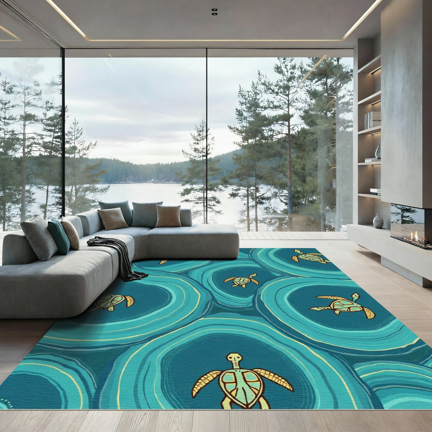 Oceanic Teal Sea Turtle Swirl Rug