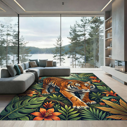 Vibrant Tiger amidst Lush Tropical Foliage Rug