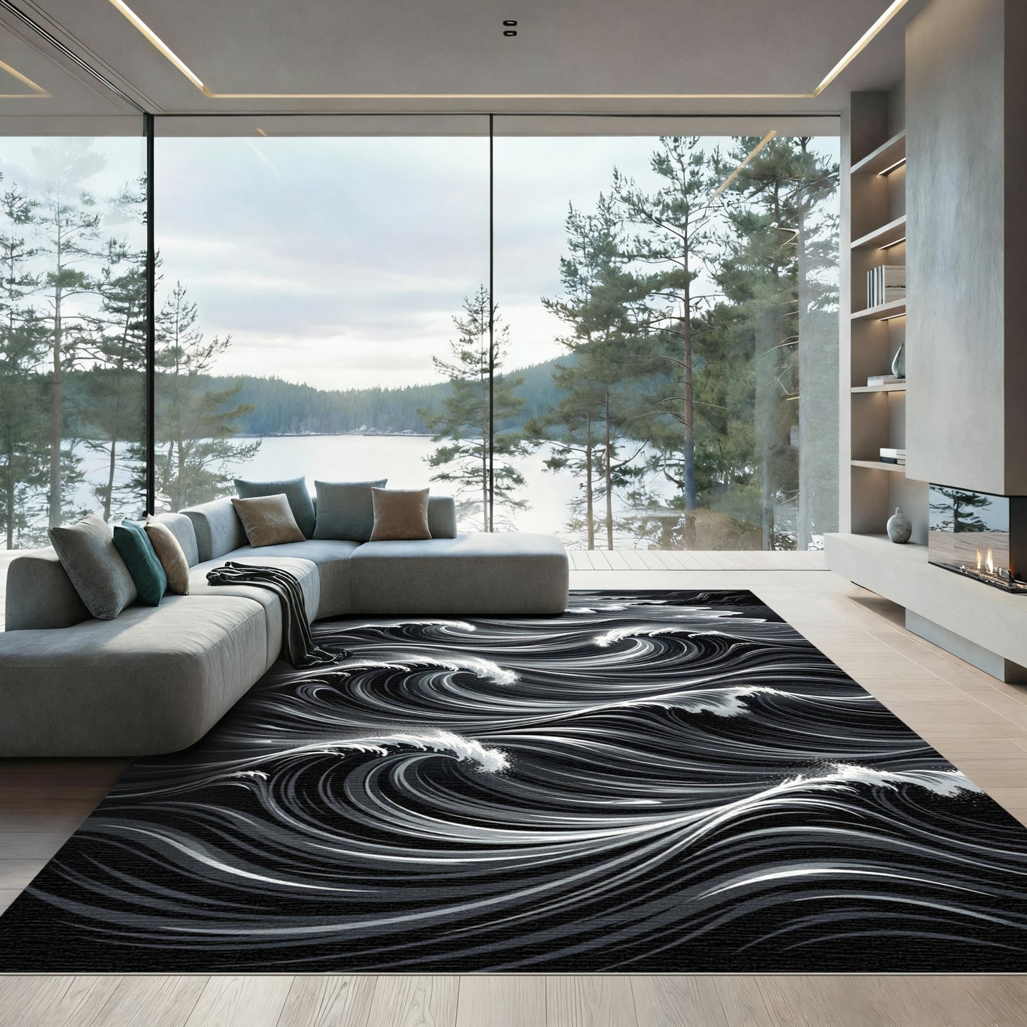 Dark Gray Crashing Ocean Waves Rug