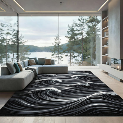 Dark Gray Crashing Ocean Waves Rug