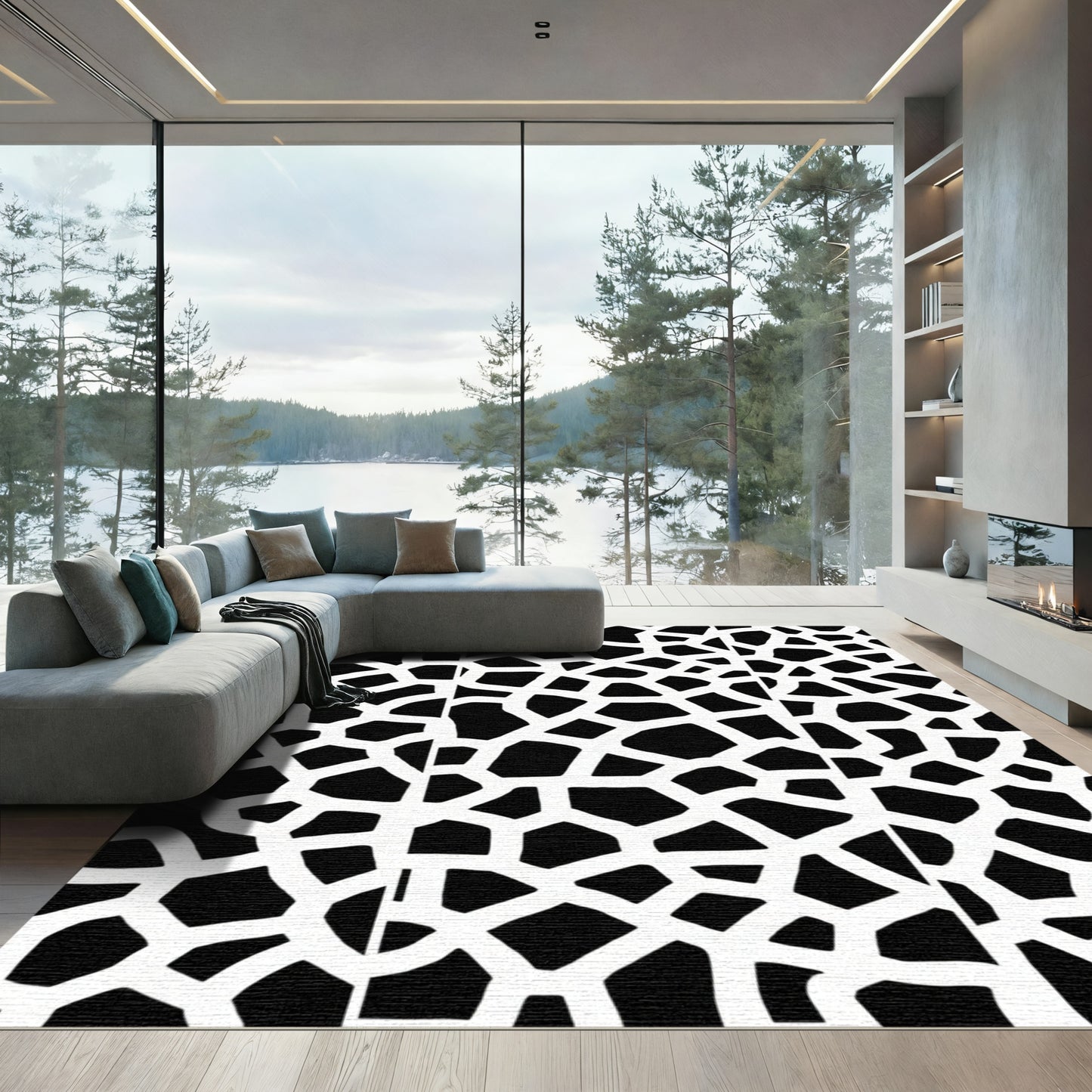 Mono Black Geometric Overlay Rug