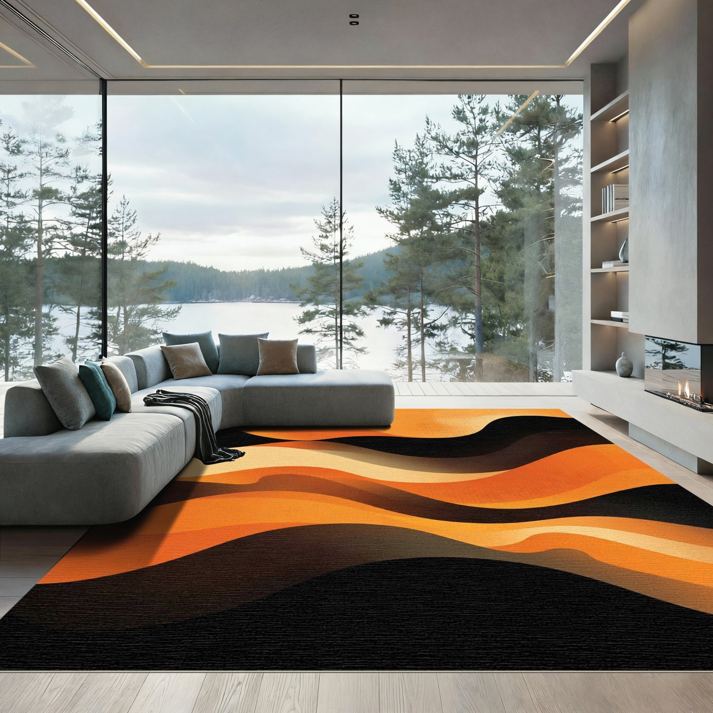 Modern Orange Black Flowing Waves Rug