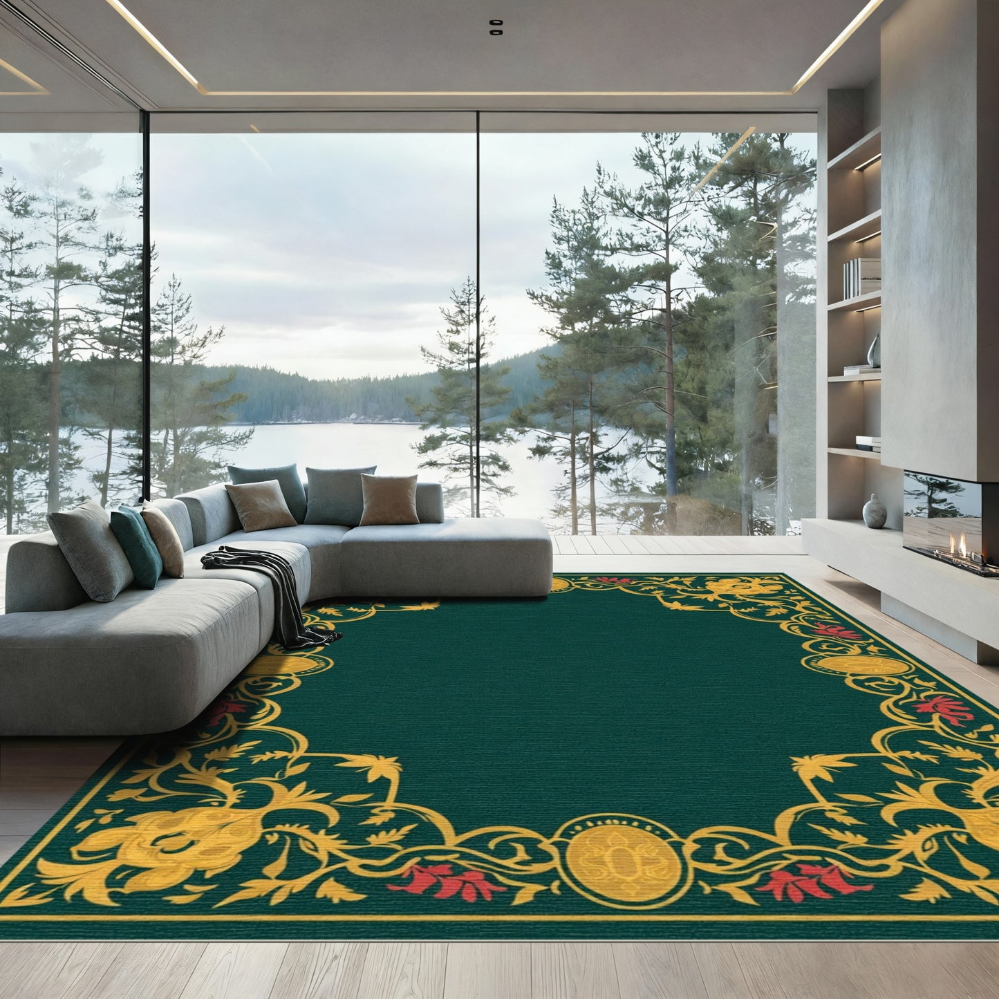 Emerald Floral Vine Gold Border Rug