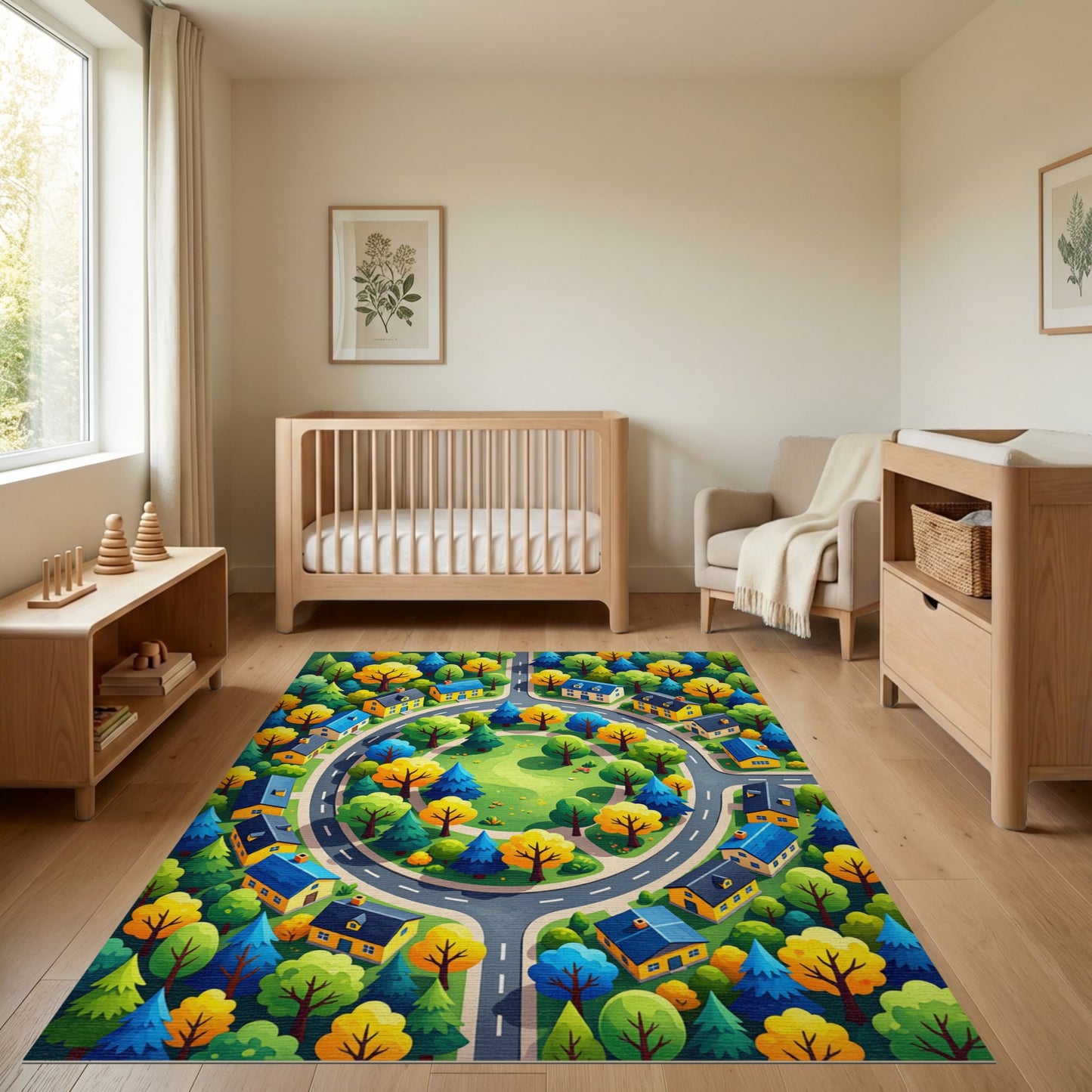 Vibrant Autumn Village Roundabout Trees Rug
