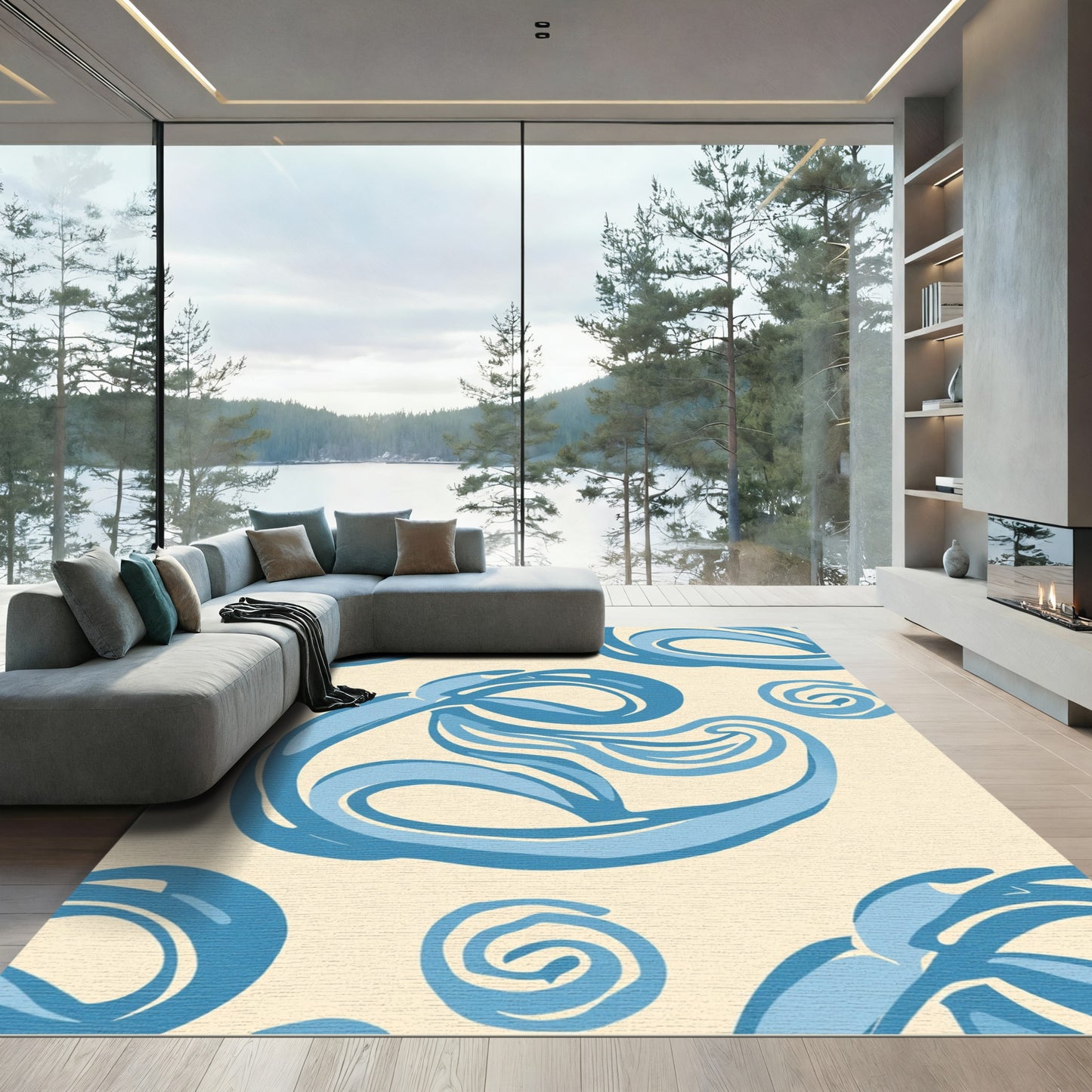 Ocean Blue Swirl Calligraphy Rug