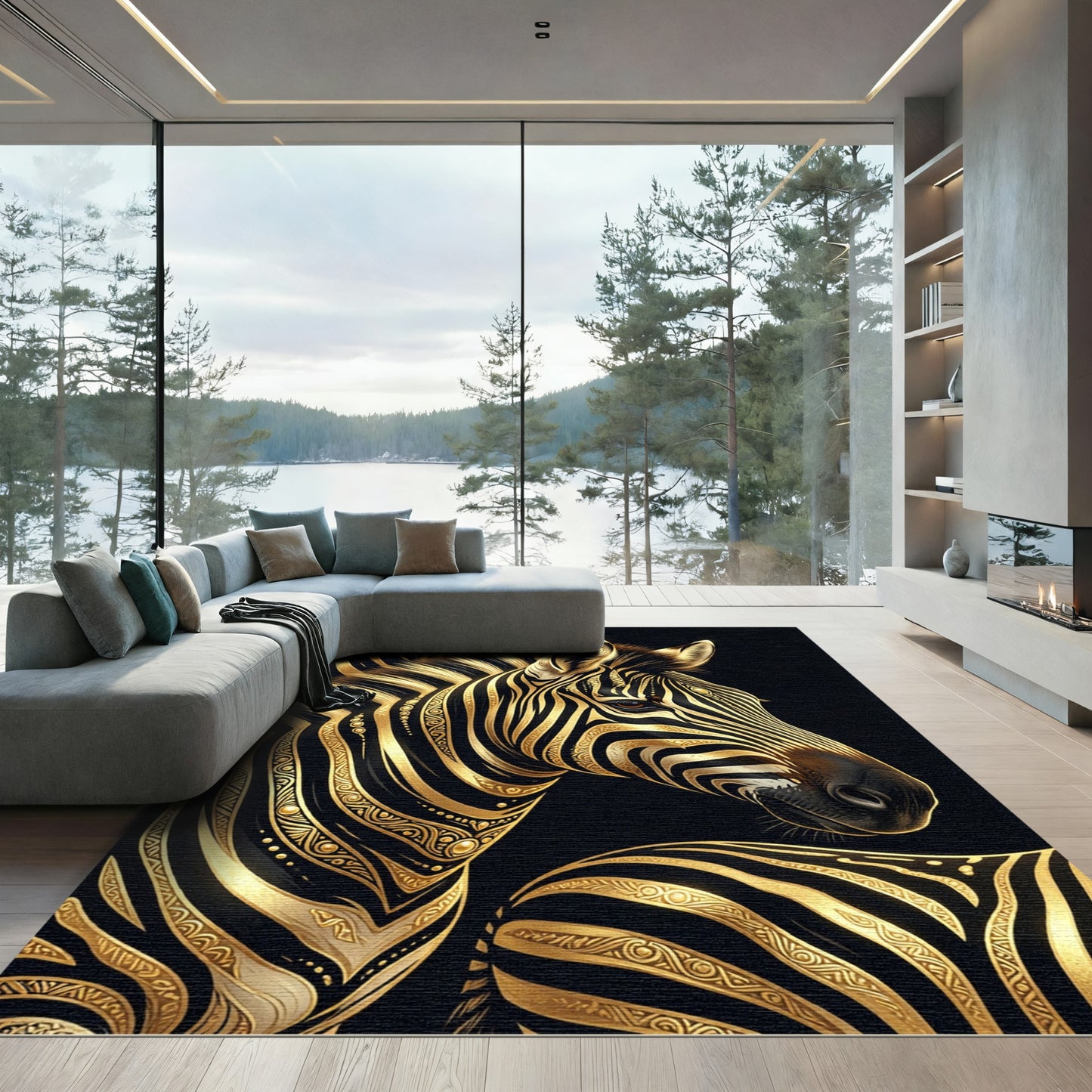 Elegant Black Gold Zebra Animal Rug