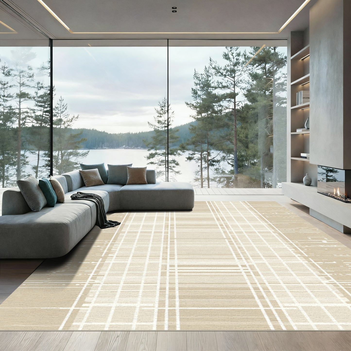 Beige and White Vertical Stripe Grid Rug