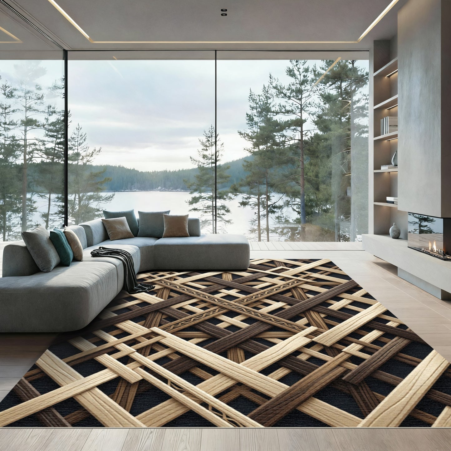 Interlocking Wood Tone Geometric Lattice Rug