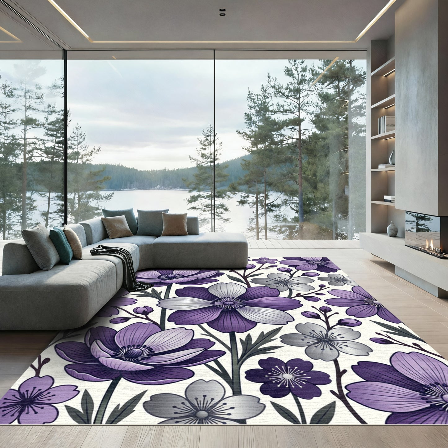 Purple Silver Floral Branch Arrangement Rug