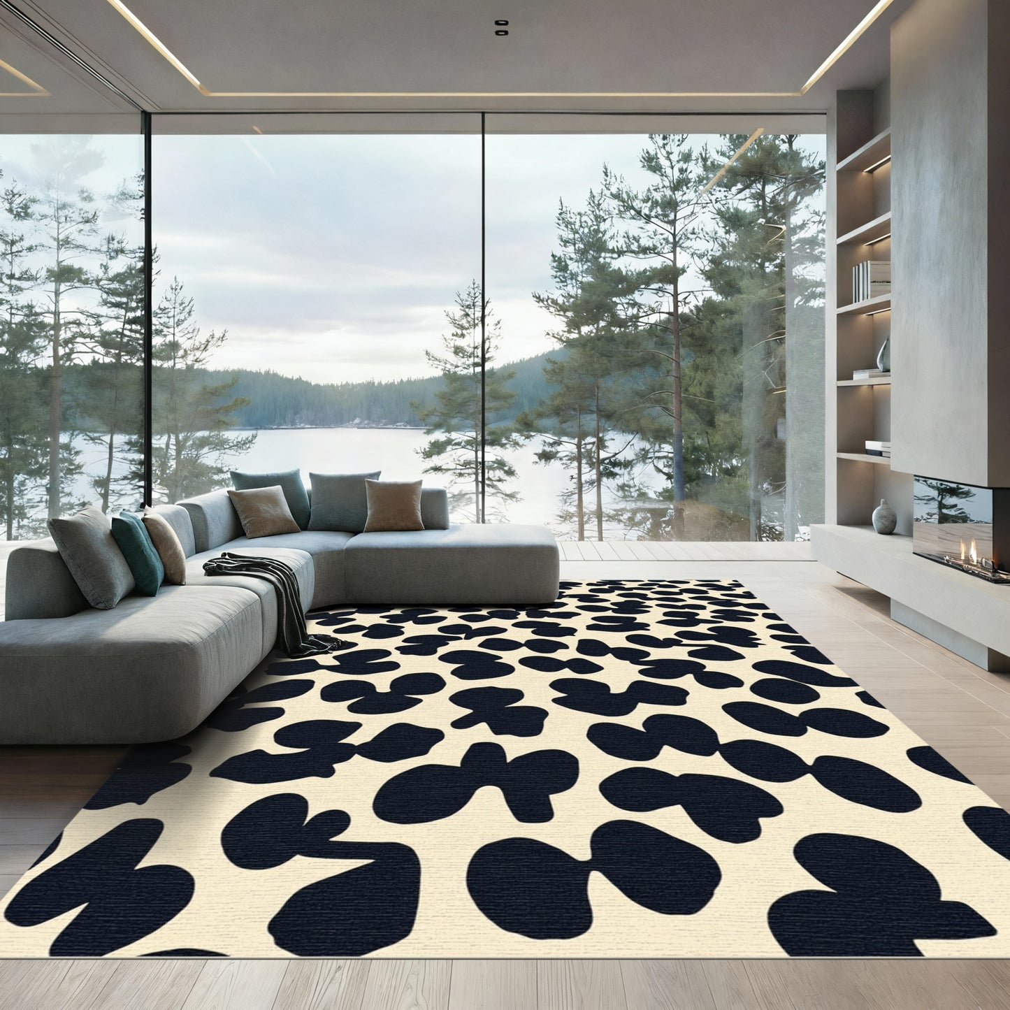 Dotted Black Cream Abstract Bloom Rug