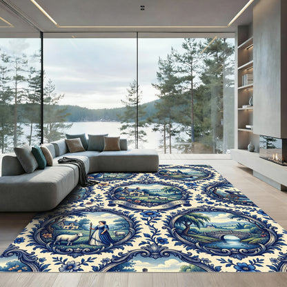 Blue Pastoral Toile Scene Medallion Rug
