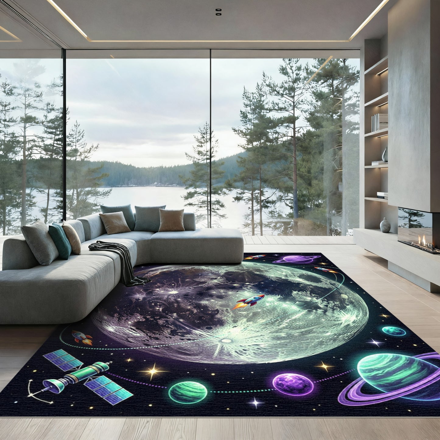 Vibrant Celestial Moon and Rocket Galaxy Rug