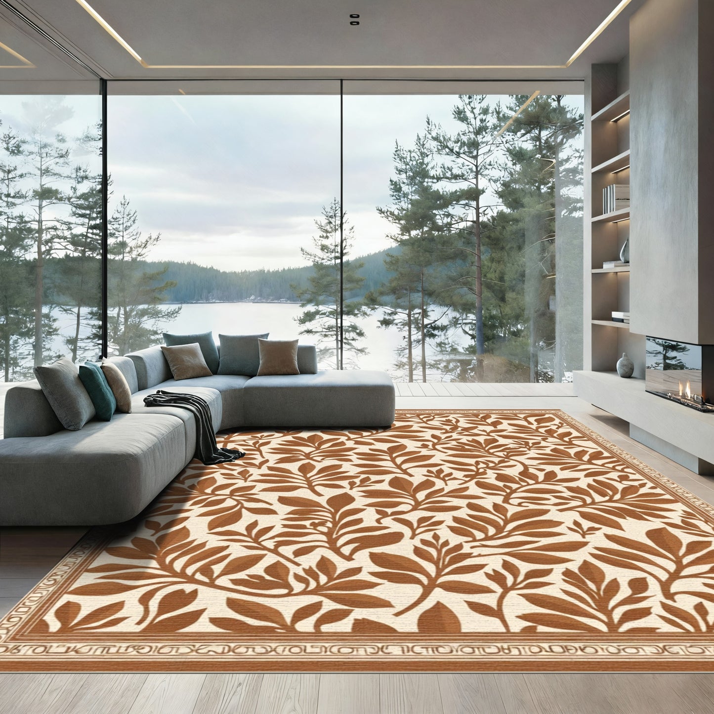 Brown Foliage Branch Pattern Rug