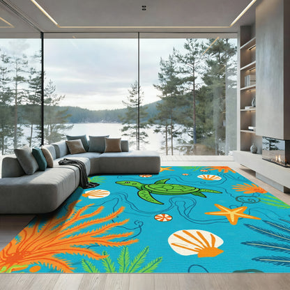 Vibrant Blue Ocean Turtle Seashell Coral Rug