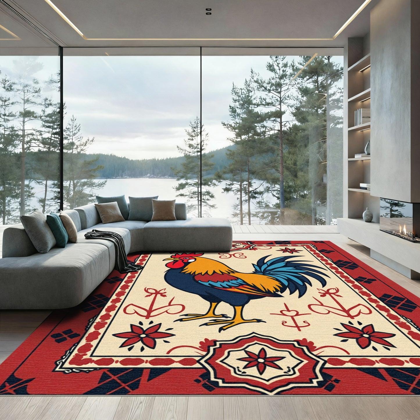 Bold Red Rooster Floral Border Rug