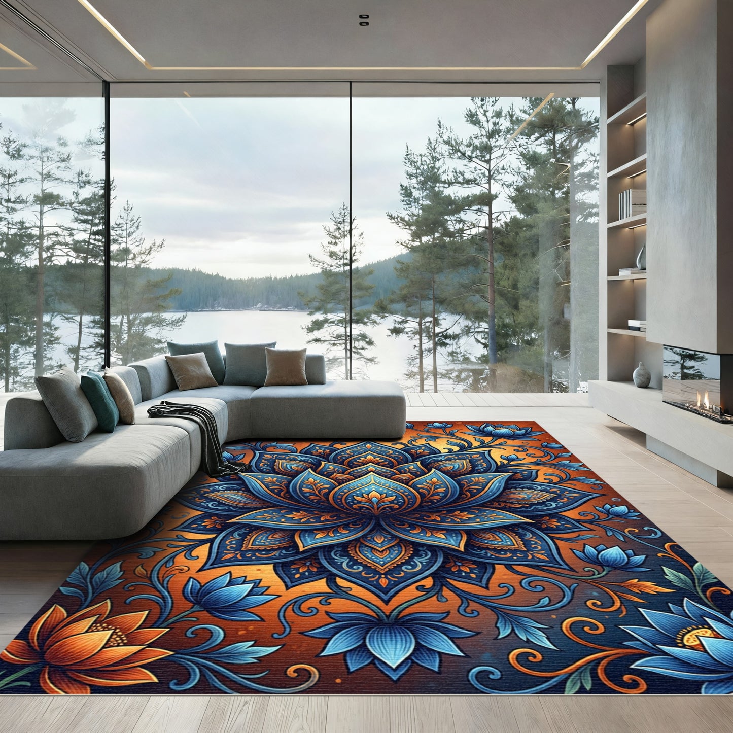 Intricate Blue Orange Lotus Mandala Rug