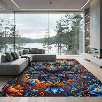 Intricate Blue Orange Lotus Mandala Rug
