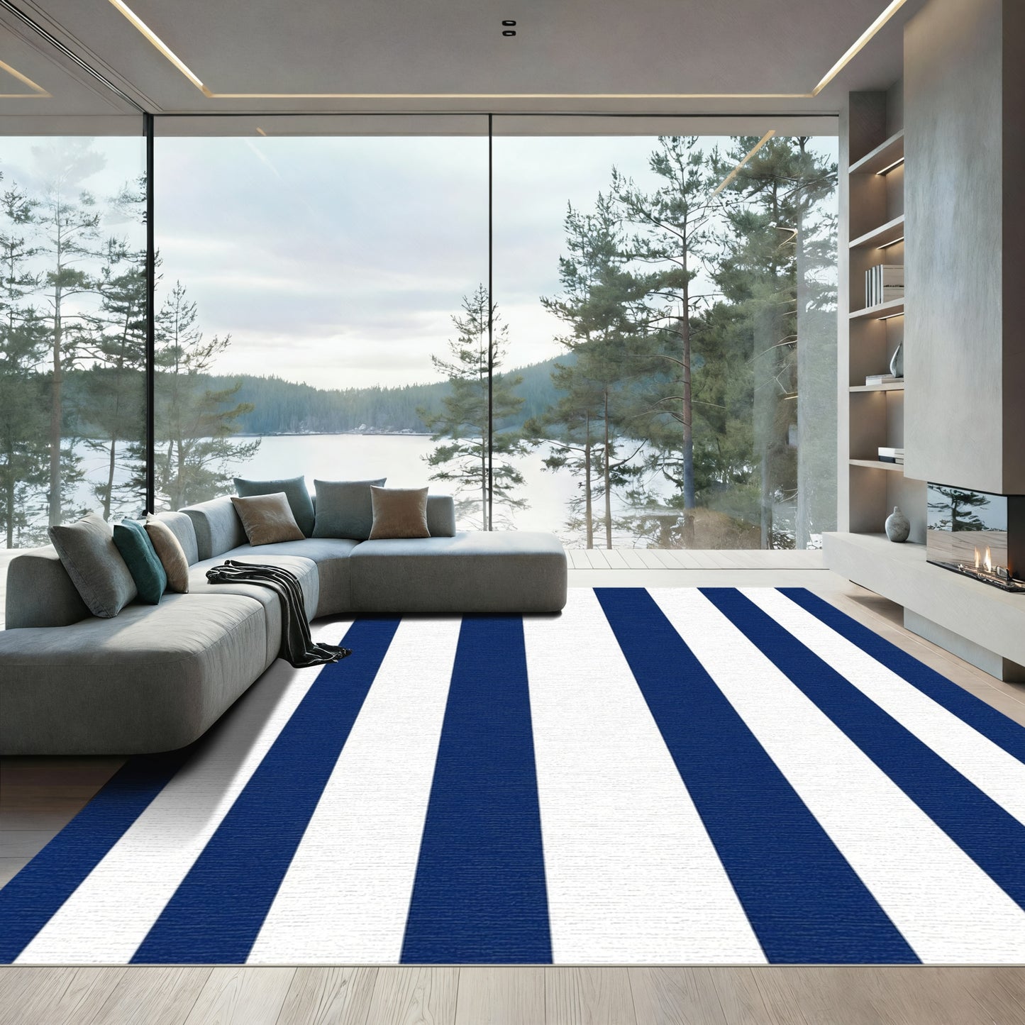Bold Navy White Vertical Stripe Rug