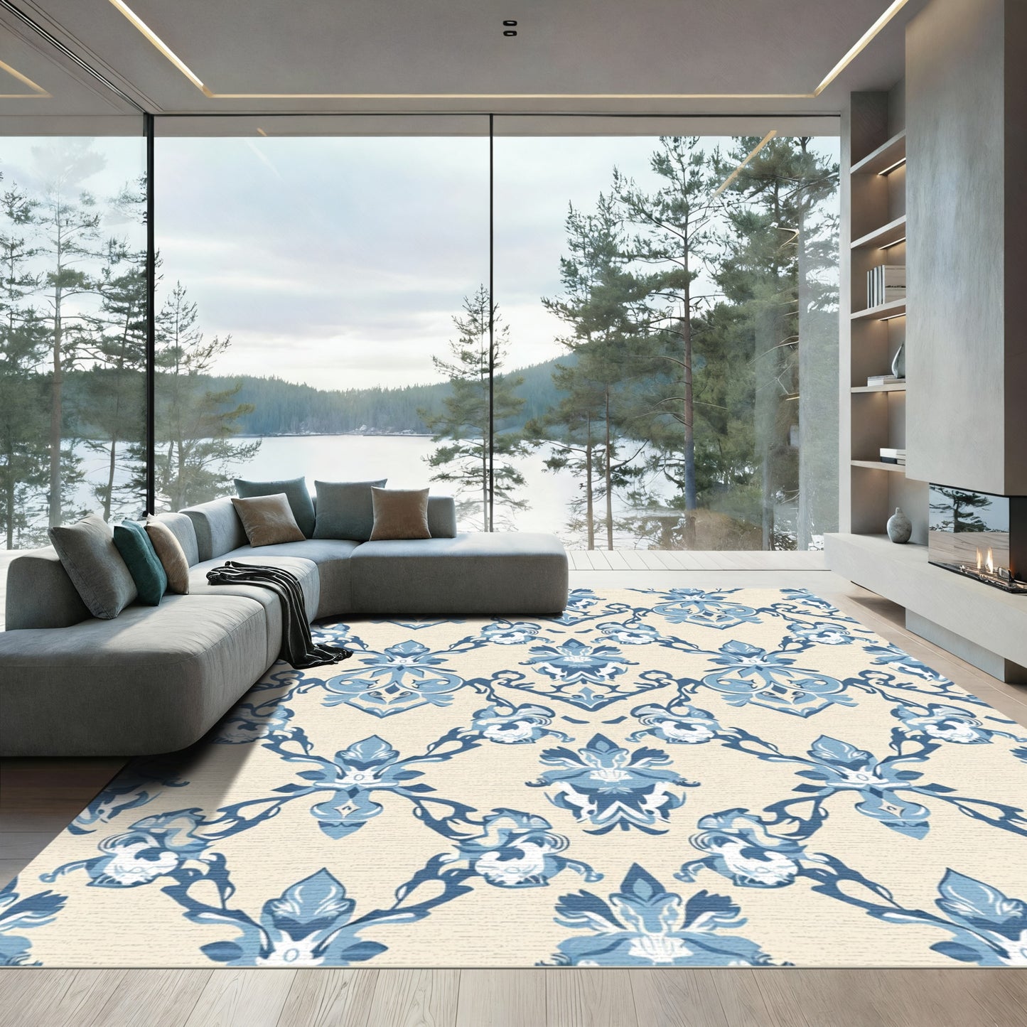 Blue Cream Damask Floral Arrangement Rug