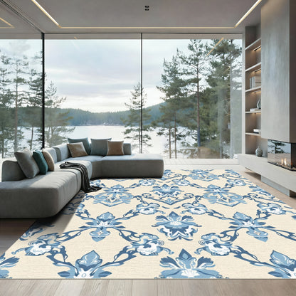 Blue Cream Damask Floral Arrangement Rug