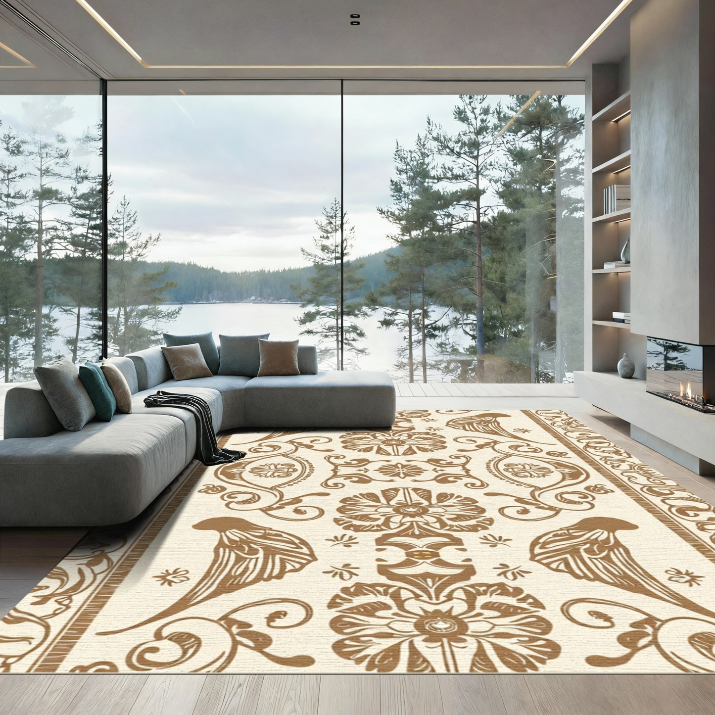 Brown Bird Floral Damask Scrolling Rug