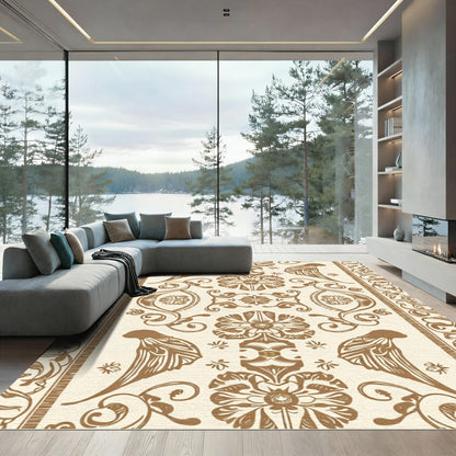 Brown Bird Floral Damask Scrolling Rug
