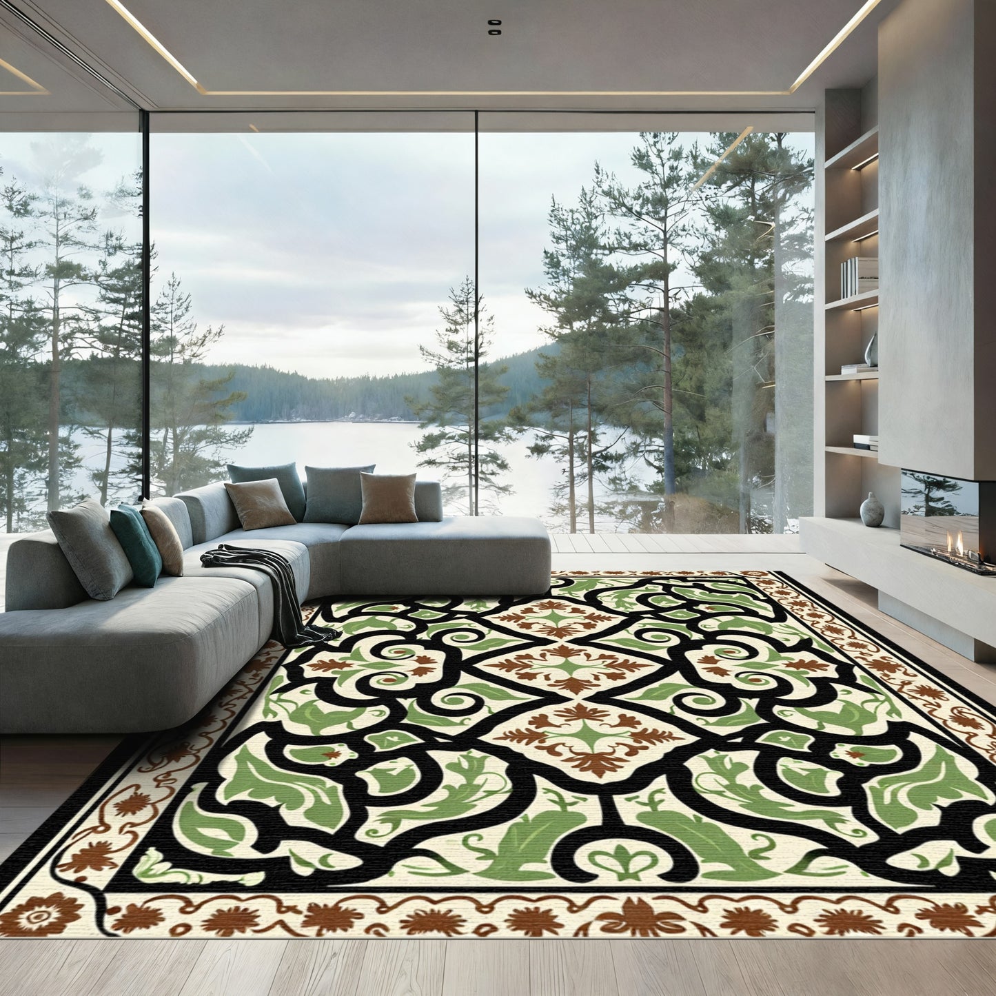 Cream Brown Green Scrollwork Medallion Rug