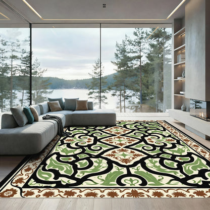 Cream Brown Green Scrollwork Medallion Rug