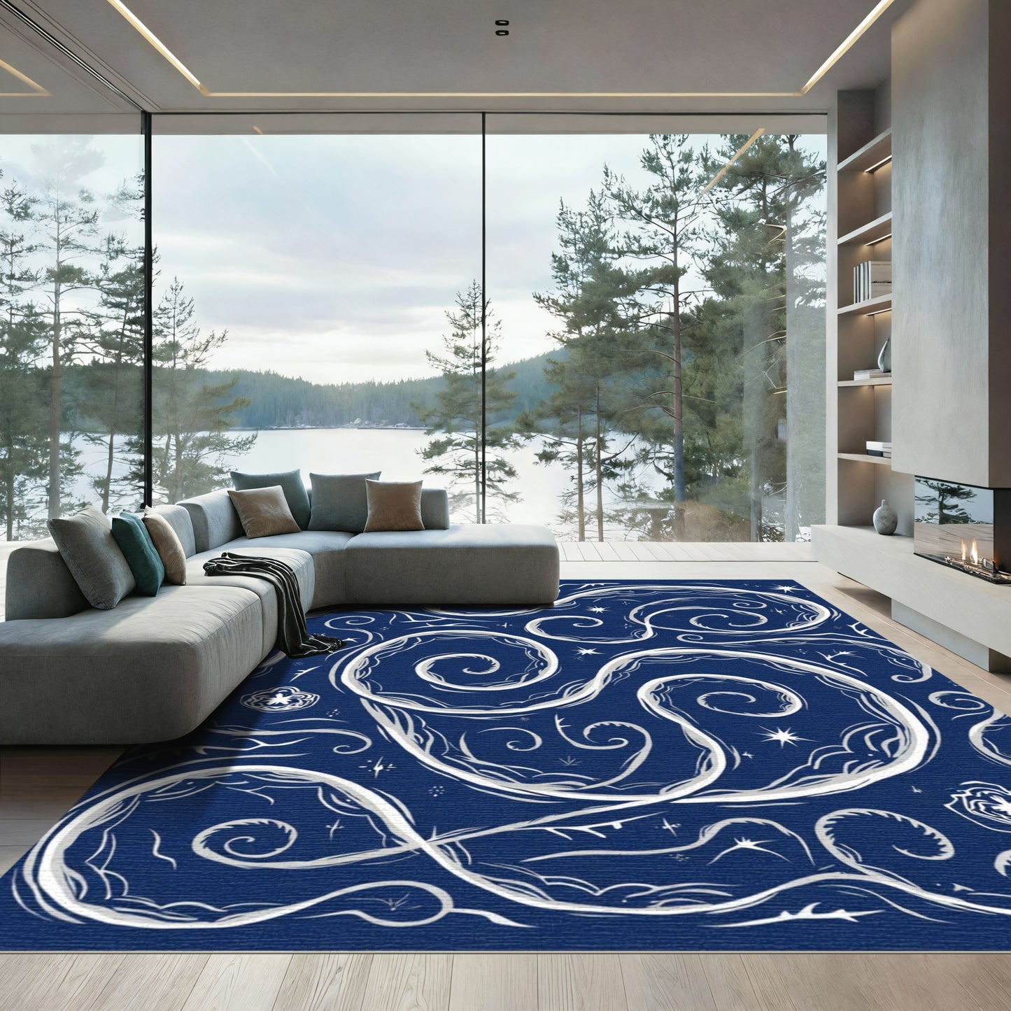 Midnight Blue Swirling Organic Vines Rug