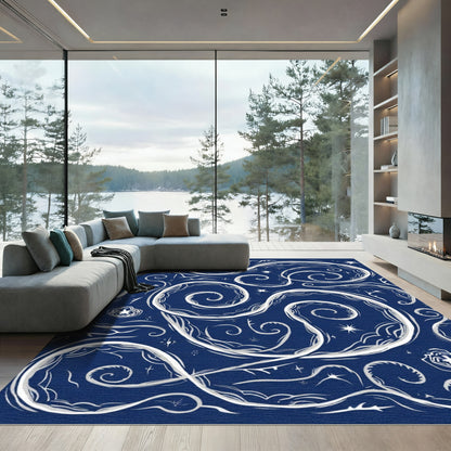 Midnight Blue Swirling Organic Vines Rug