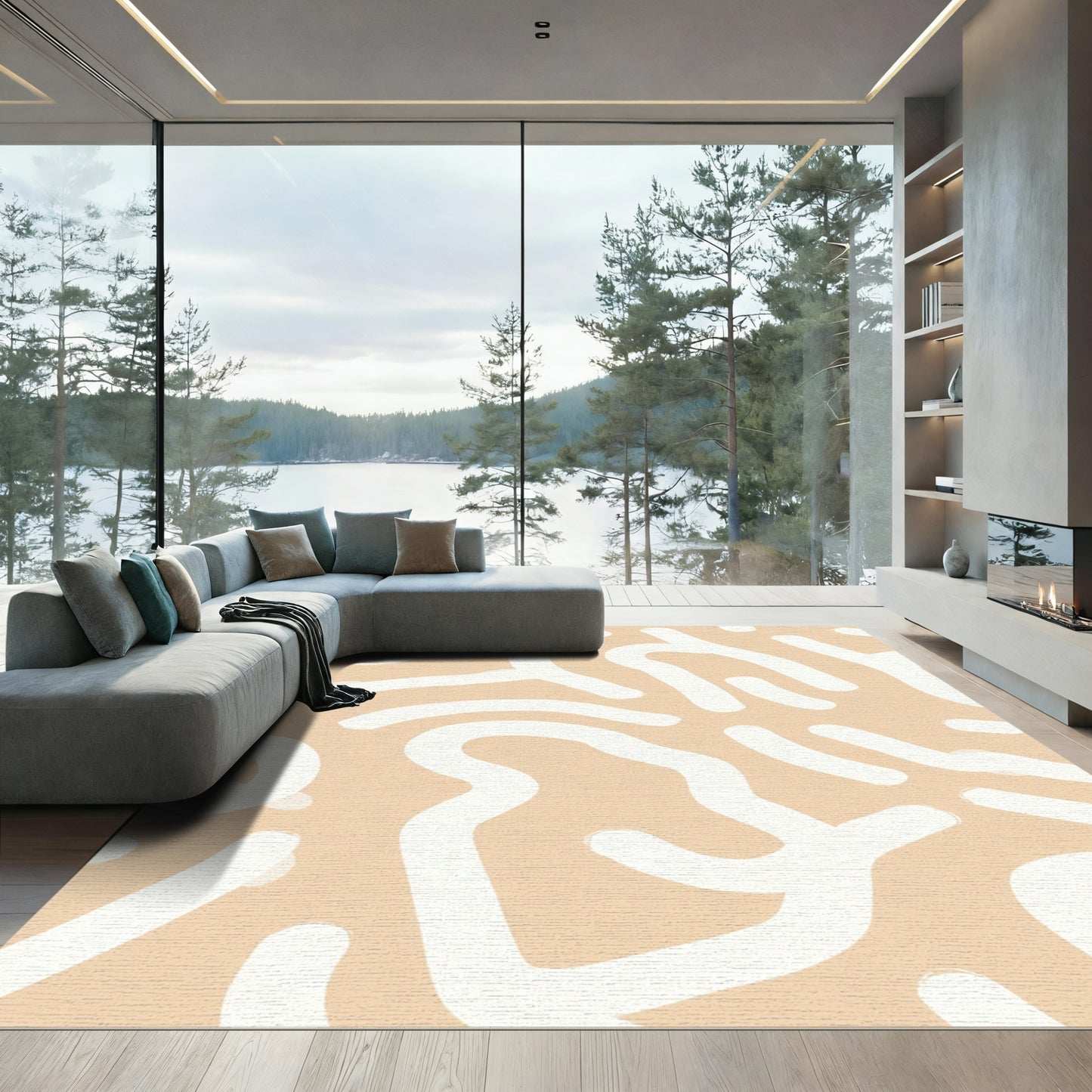 Beige White Abstract Flowing Lines Rug