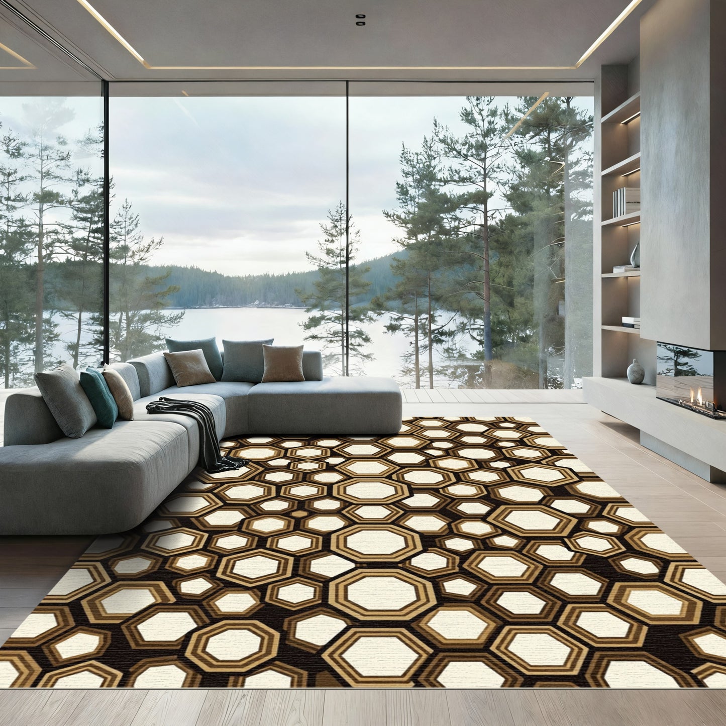 Brown Gold Geometric Honeycomb Rug
