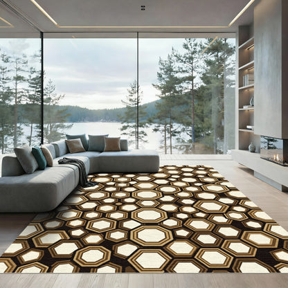 Brown Gold Geometric Honeycomb Rug