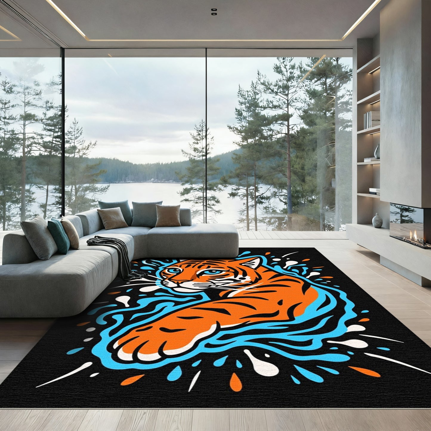 Vivid Orange Tiger Splash Art Rug