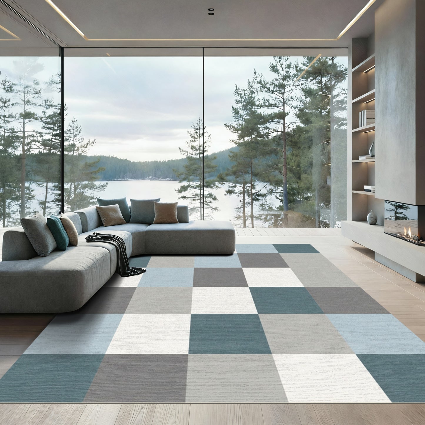 Cool Tones Checkerboard Squares Rug