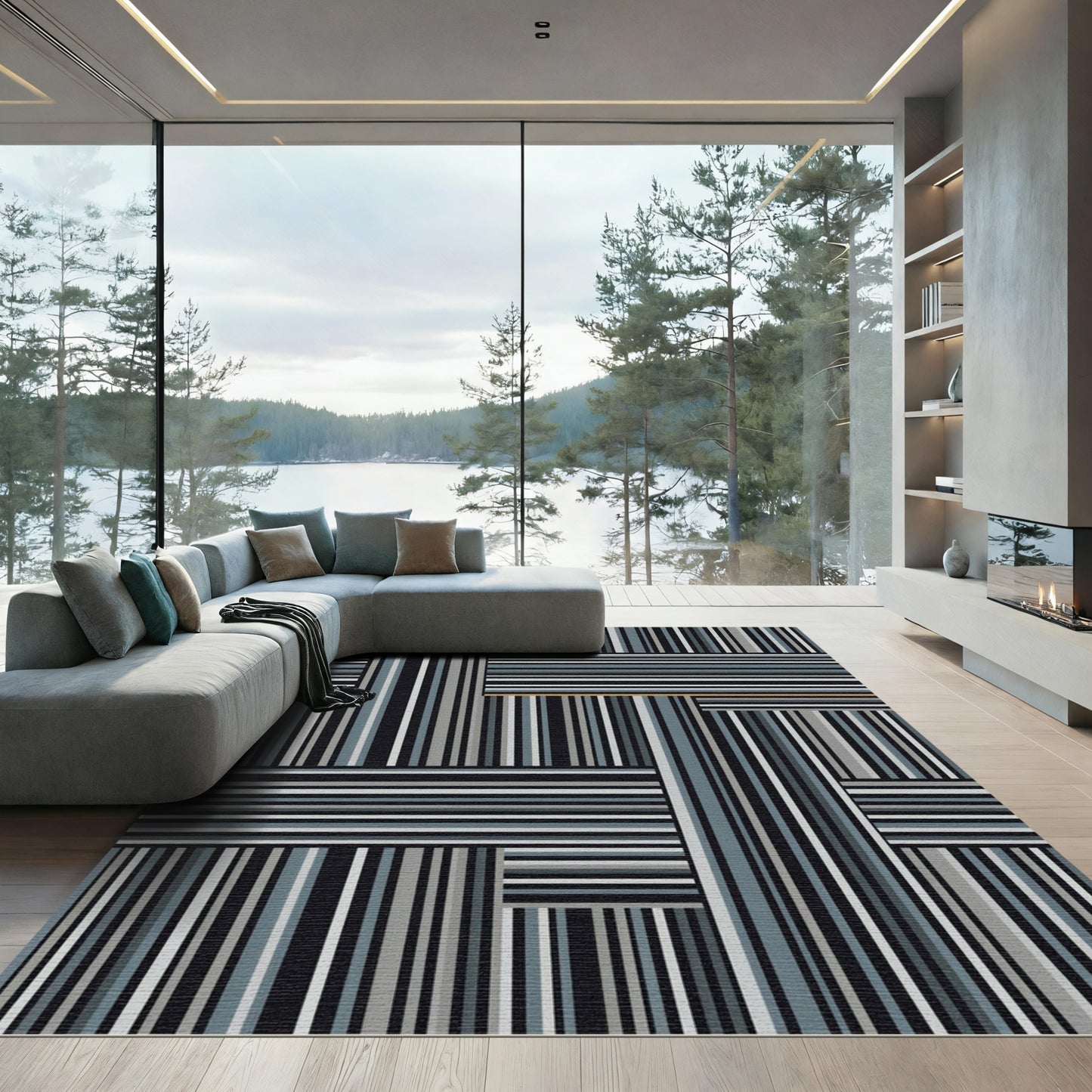 Abstract Geometric Blue Gray Stripe Rug