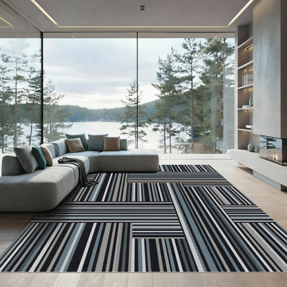 Abstract Geometric Blue Gray Stripe Rug