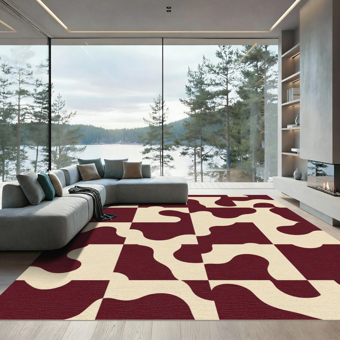Deep Burgundy Abstract Organic Squares Rug