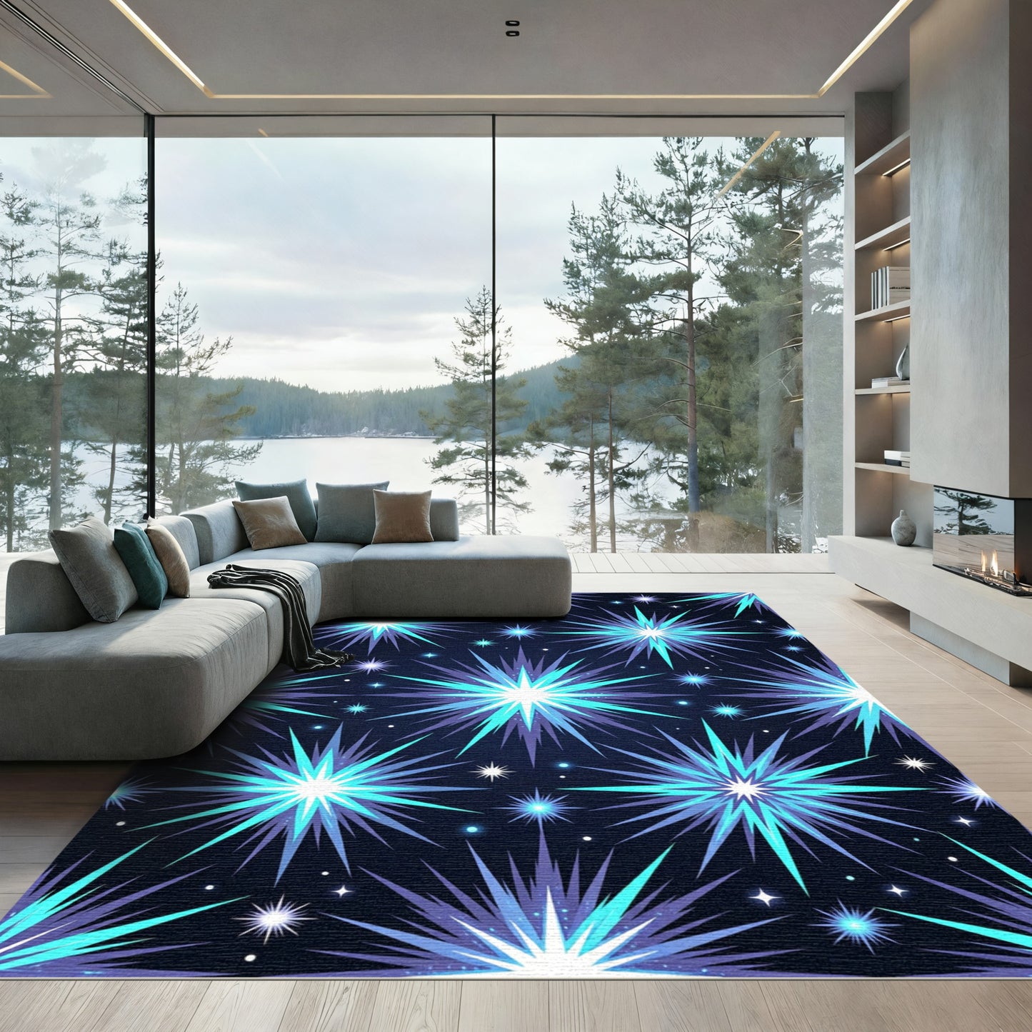Aqua Sapphire Starburst Pattern Rug